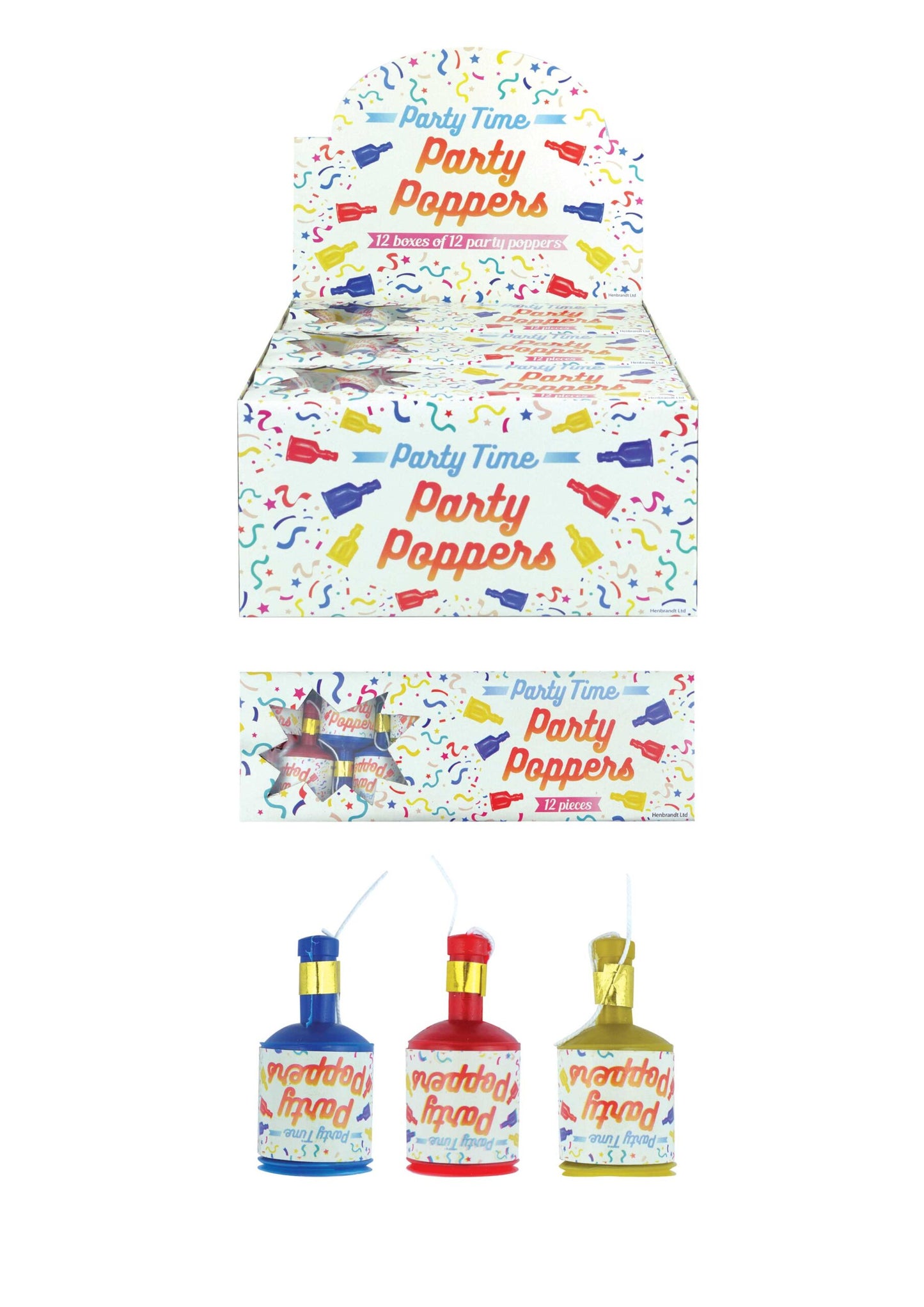 Party Time Party Poppers (3 Assorted Colours) Box Of 12