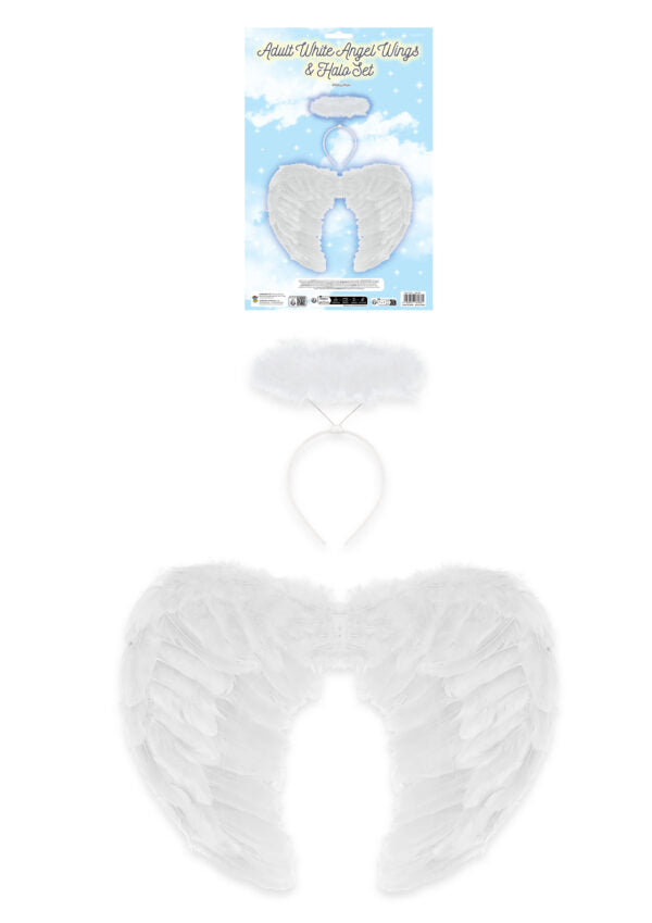 Adult White Angel Wings and White Halo 2-Piece Fancy Dress Set